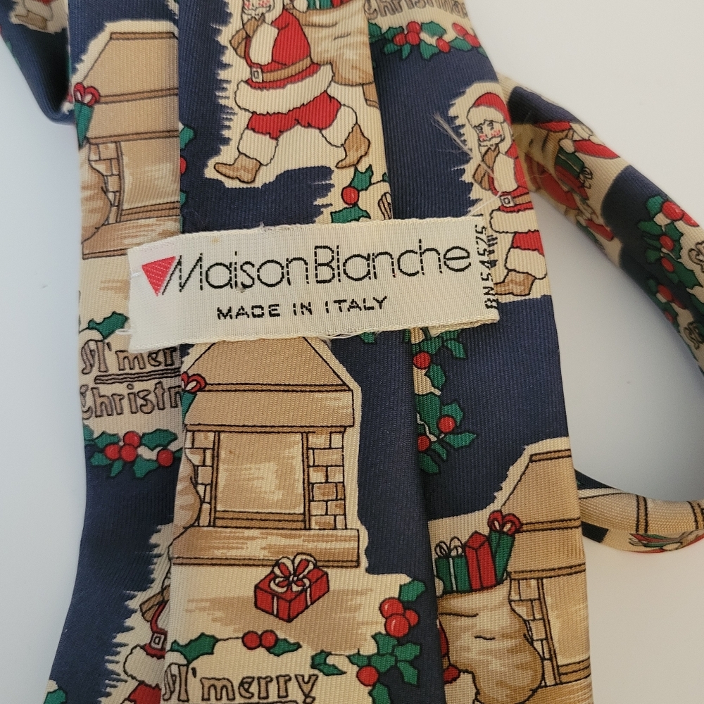 Maison Blanche Italy Silk Neck Tie Merry Christmas Santa Vintage - Picture 3 of 5